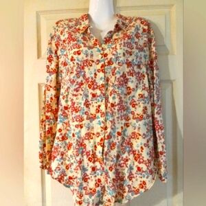 OVERLAND, LRG 100% COTTON Chic Floral Button Down Shirt - Cream, Red, Blue